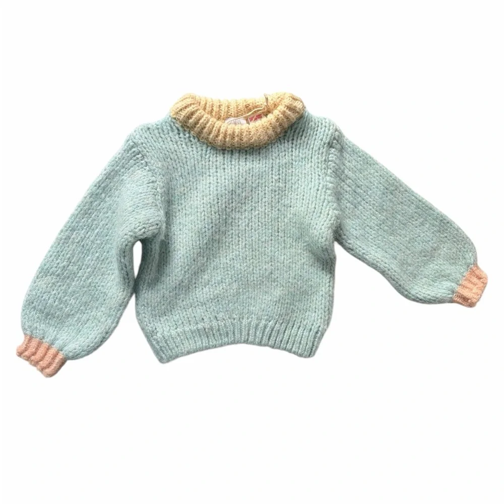 Zara Kids Contrast Trim Super Soft Knit Sweater Mint Blue Cream Girls Size 4